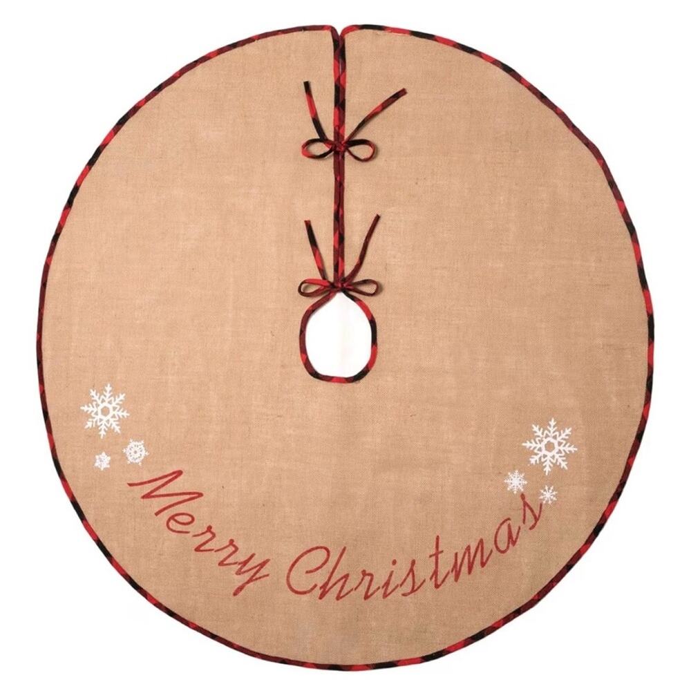 Burlap Christmas Tree Skirt with Red Trim and White Snowflakes (A184)